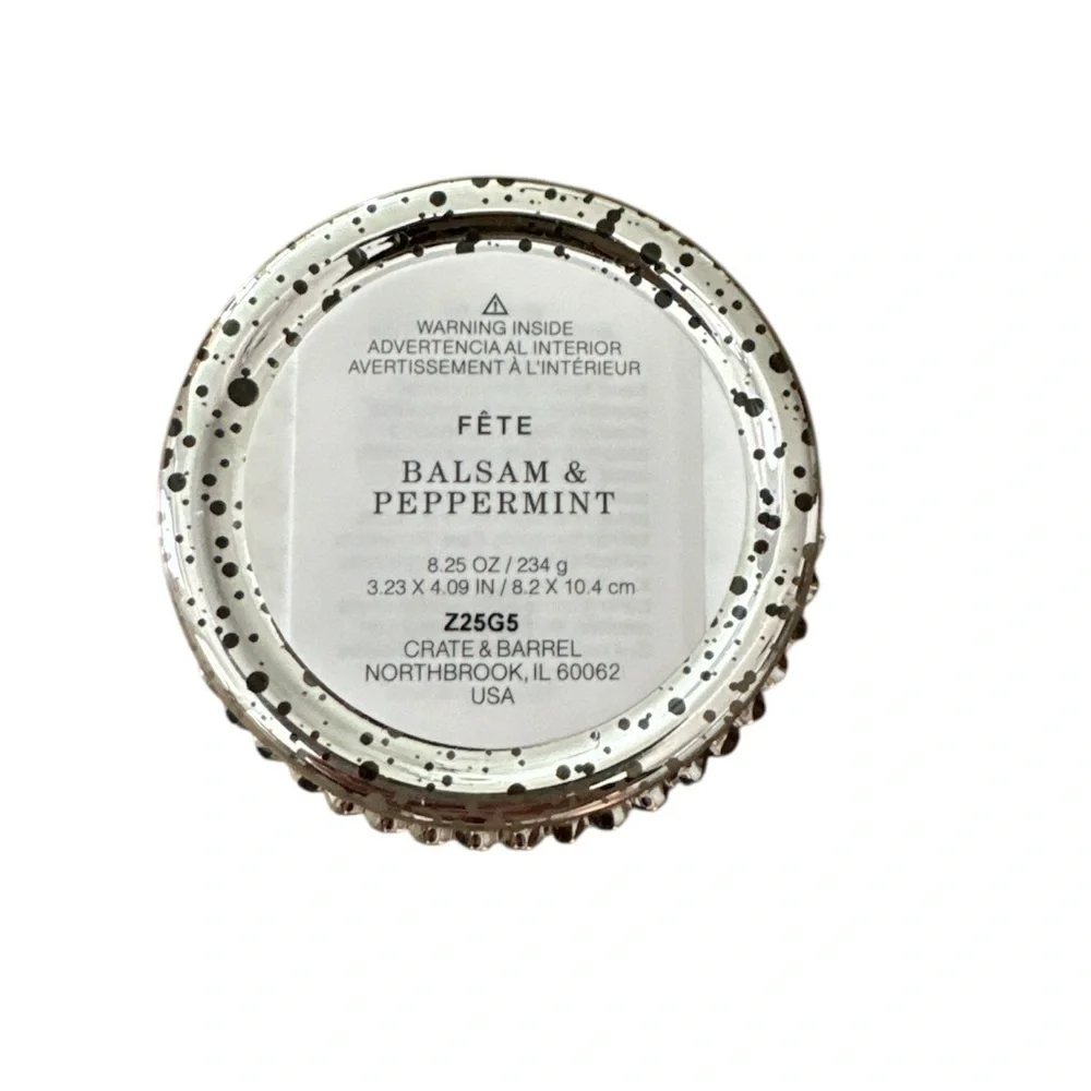 Crate & Barrel Fete Silver Alpine Holiday 1-Wick Balsam & Peppermint Candle New